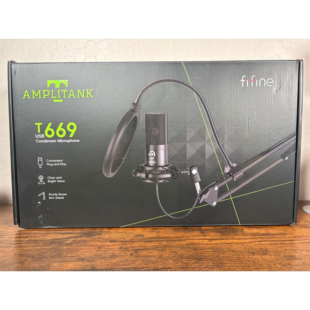 Fifine T669 USB Condenser Microphone Bundle Amplitank with Boom Arm Stand Black